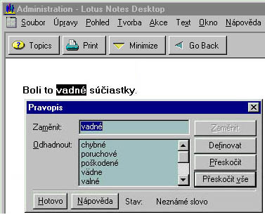 Ukážka jazykového korektora v Lotus Notes