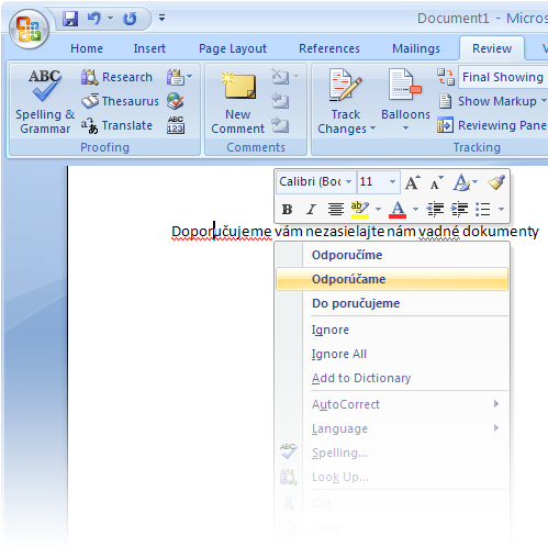 Ukážka jazykového korektora v MS WORD